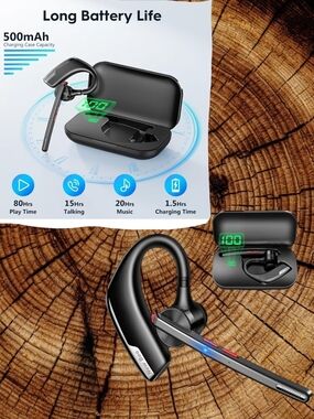 Wireless Ear Hook Bluetooth Headset with Charging Case - Black
